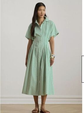 Lauren Ralph Lauren Green and White Striped Midi Shirt Dress